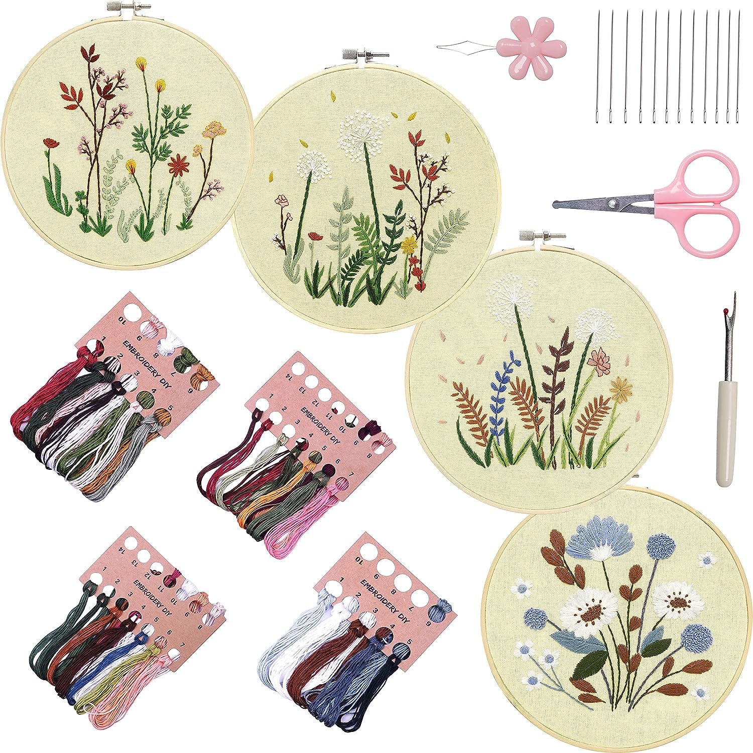 4 Sets Embroidery Kit for Beginners Art Craft Handy Sewing Include  Embroidery Clothes with Pattern, Hoops, Instructions,Color Threads Needle  Kit (Multi 1)